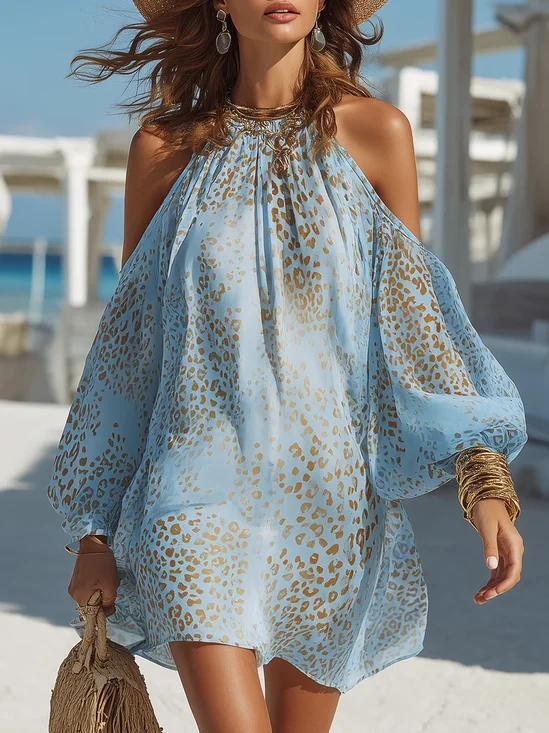 Casual Color Block Off Shoulder Sleeve Printing Cold Shoulder Mini Dress