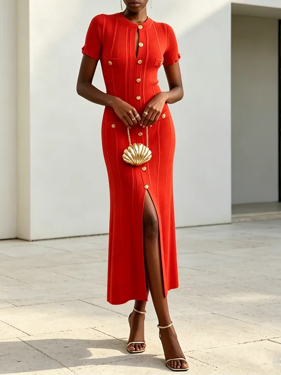 Urban Plain Buttoned V Neck Midi Sweater Dress