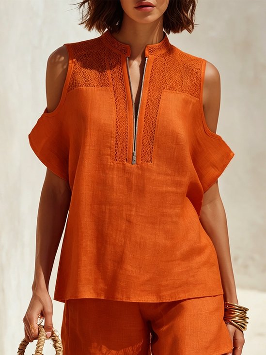 Cotton Casual Plain Zipper Mock Neck Blouse
