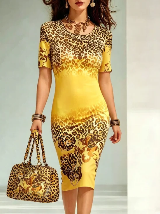Urban Leopard Printing Crew Neck Midi Dress
