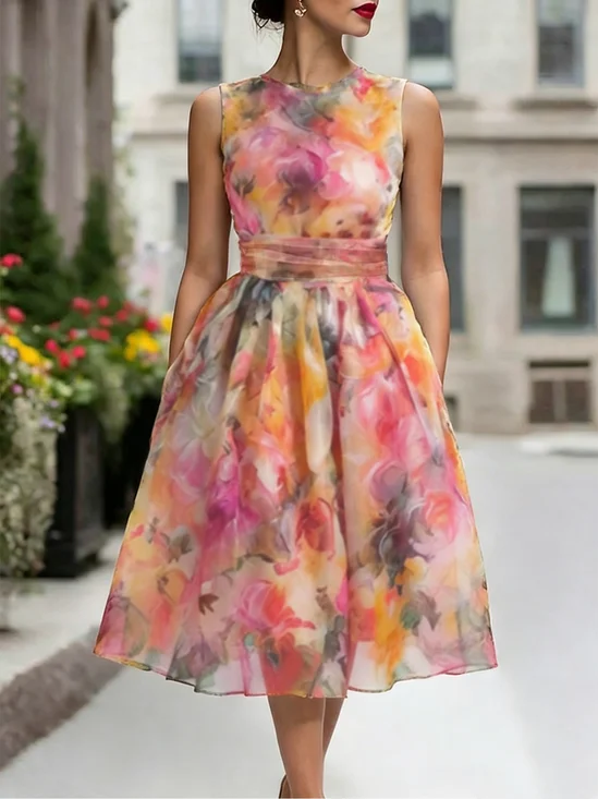 Elegant Floral Crew Neck Midi Dress