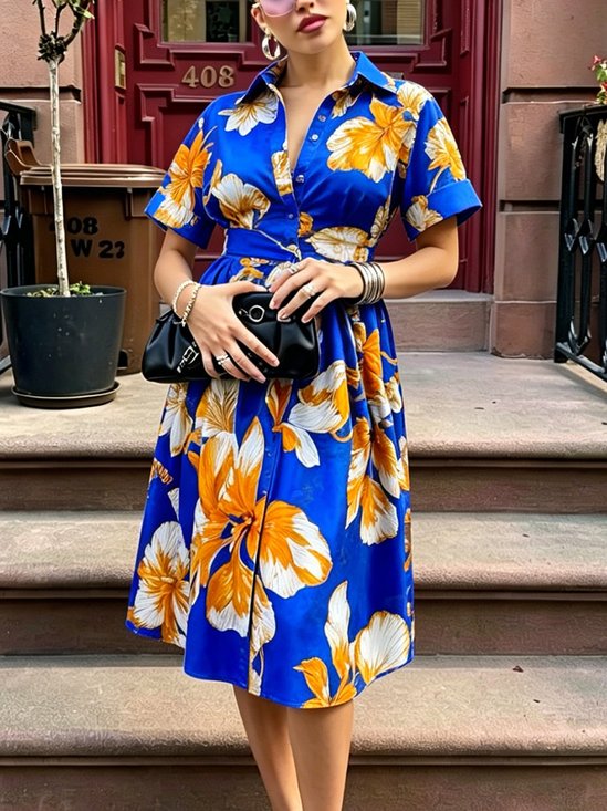 Elegant Floral Printing Shirt Collar Knee Length Dress