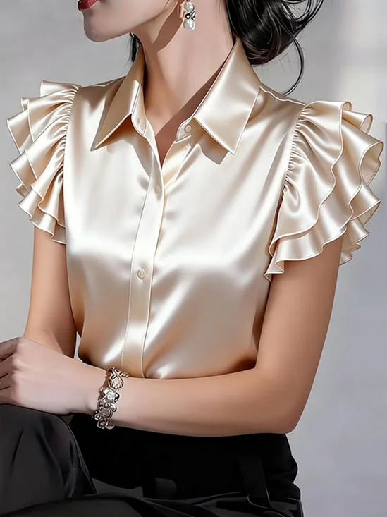 Satin Urban Plain Peplum Shirt Collar Shirt