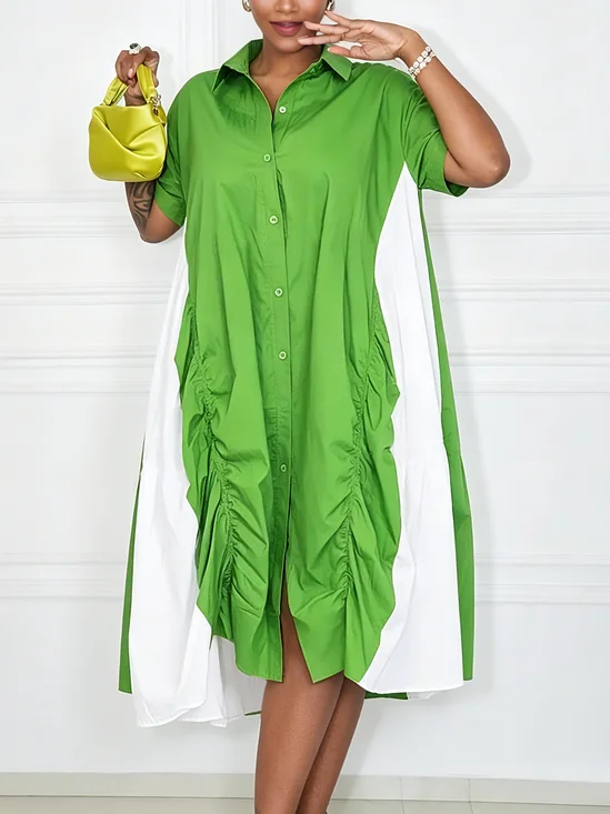 Cotton Casual Color Block Split Joint Shirt Collar Midi Dress
