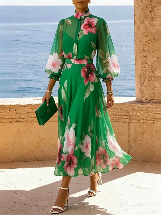 Elegant Floral Balloon Sleeve Printing Mock Neck Midi Dress