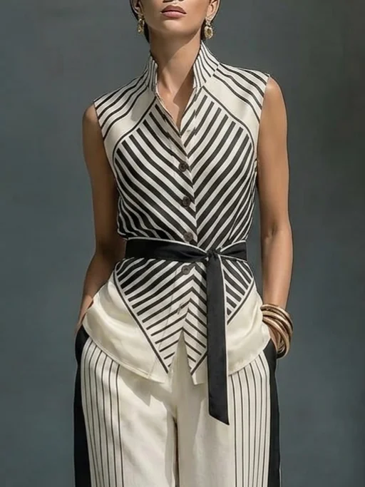 Satin Urban Striped Printing Shawl Collar Tank Top With Belt