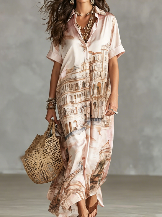 Casual Nationality/ethnic Shirt Collar Maxi Dress