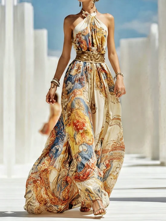 Vacation 3D Printing Halter Neck Maxi Dress No Belt