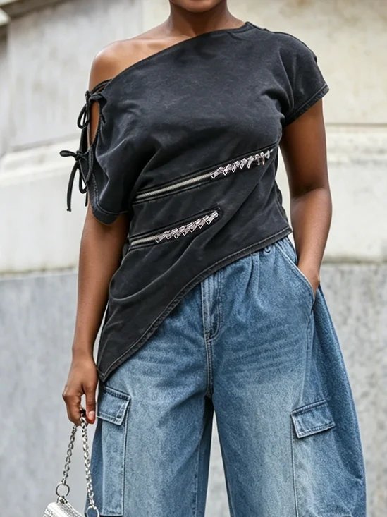 Urban Plain Zipper Asymmetrical Blouse