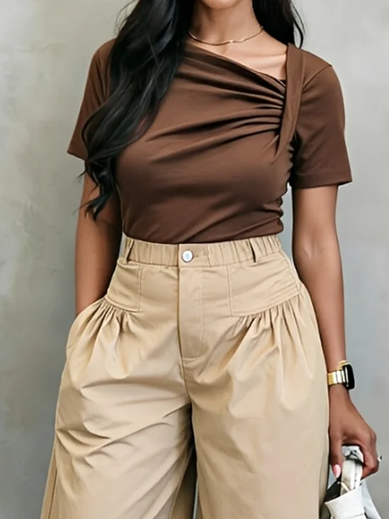 Casual Plain Irregular Craftsmanship Asymmetrical T-shirt