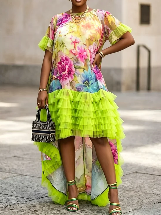 Elegant Color Block Crew Neck Maxi Dress