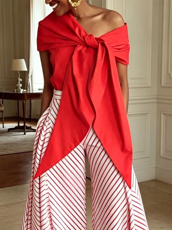 Elegant Plain Knot Front Asymmetrical Blouse