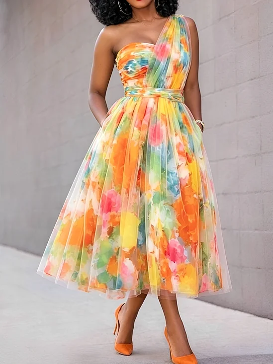 Elegant Floral Irregular Craftsmanship One Shoulder Midi Dress