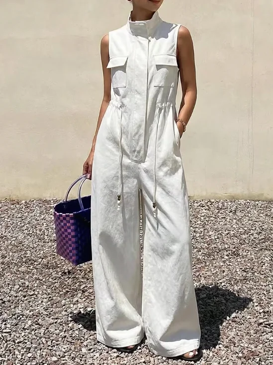 Casual Plain Stand Collar Jumpsuit
