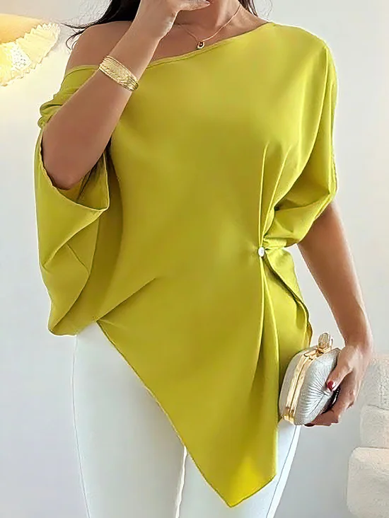 Plus Size Casual Plain Buttoned Crew Neck Blouse