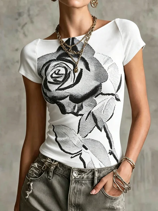 Casual Floral Off The Shoulder T-shirt