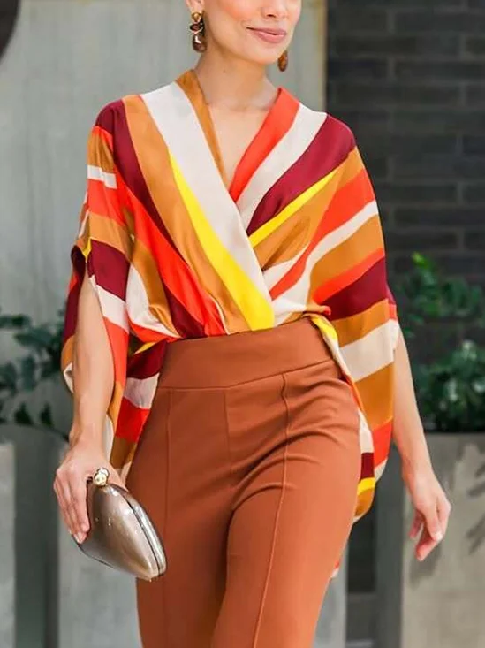 Vacation Striped Printing Cross Neck Blouse