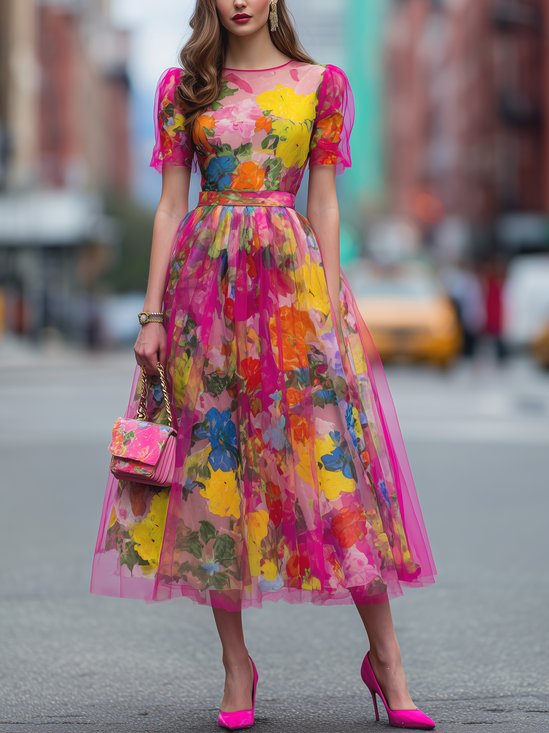 Elegant Floral Printing Midi Dress