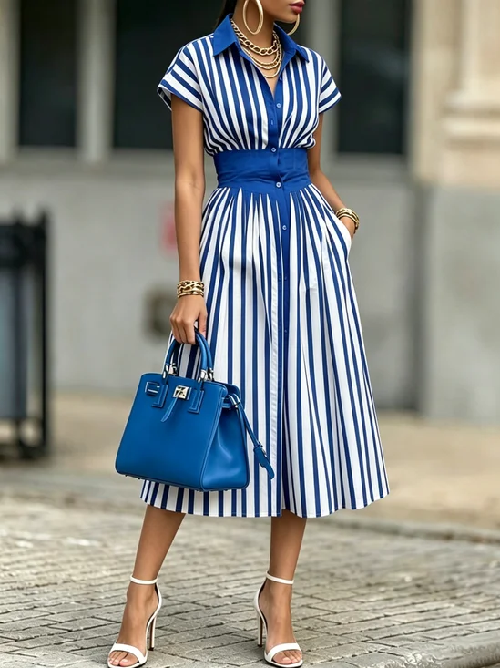 Urban Striped Shirt Collar Midi Dress