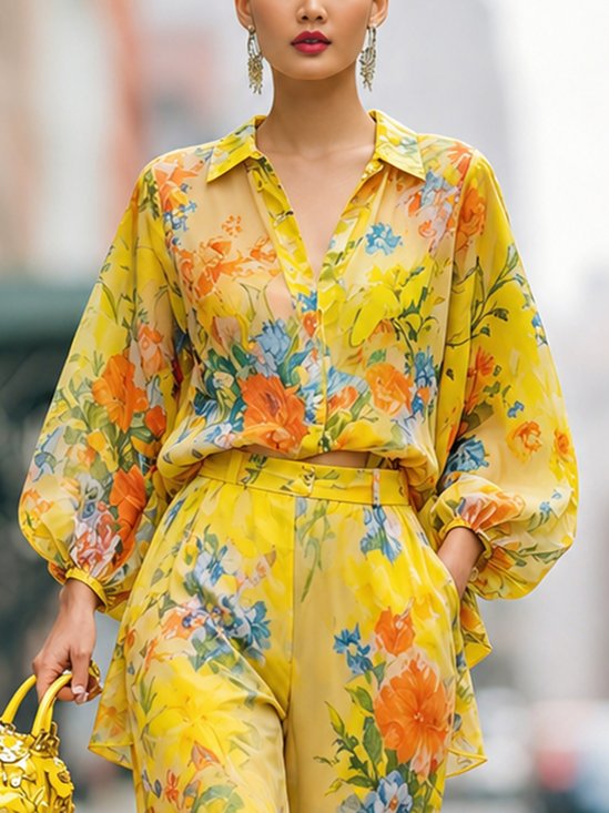 Urban Floral Printing Balloon Sleeve Shirt