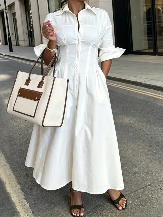 Urban Plain Shirt Collar Maxi Dress