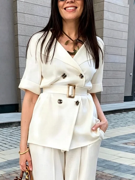 Urban Buttoned Plain Lapel Collar Blazer With Belt