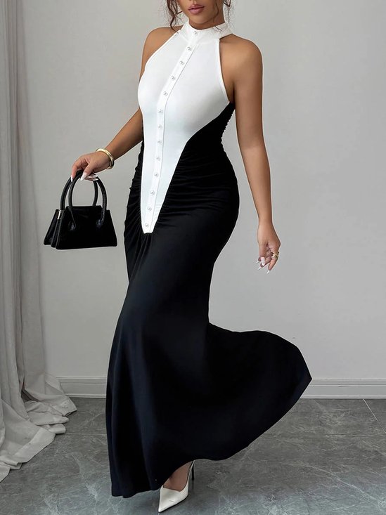 Urban Color Block Split Joint Halter Neck Maxi Dress