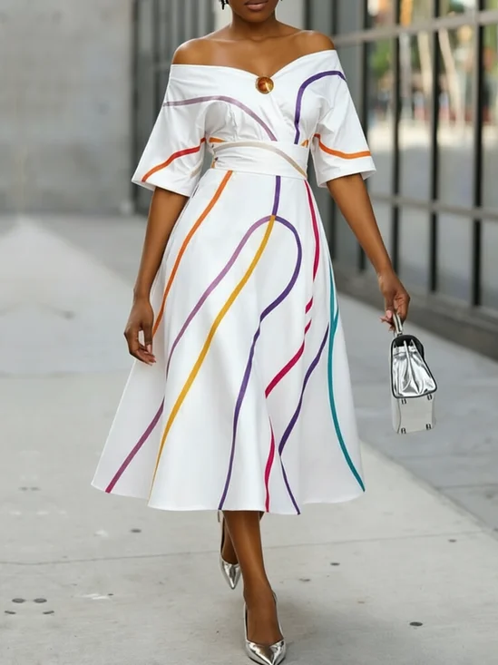 Elegant Abstract Stripes Cold Shoulder Maxi Dress