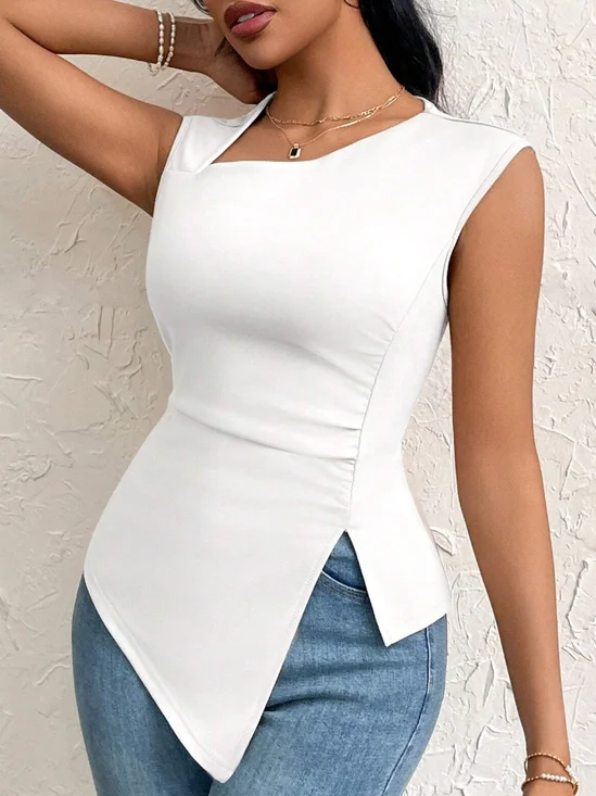 Casual Plain Ruched Asymmetrical Tank Top