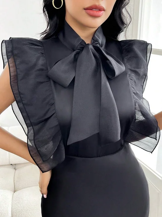 Elegant Plain Bow Peplum Tie Neck Blouse