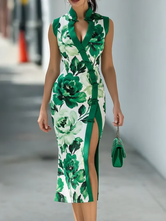 Elegant Floral Stand Collar Midi Dress