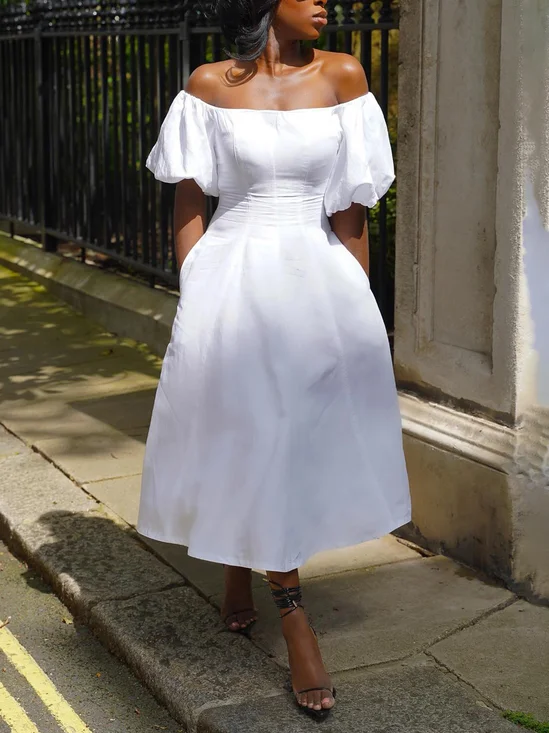 Cotton Urban Plain Puff Sleeve Cold Shoulder Midi Dress