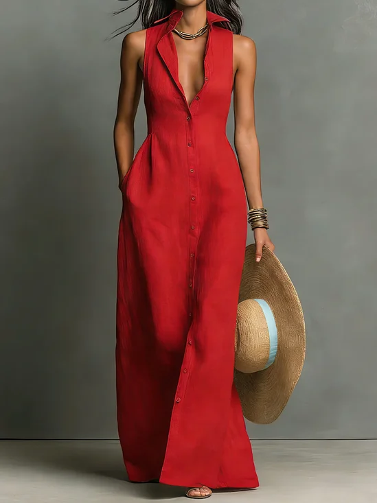 Urban Plain Shirt Collar Maxi Dress