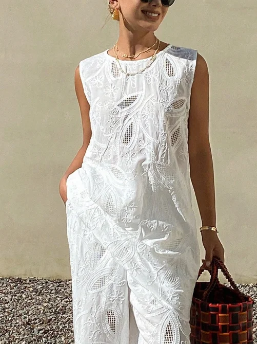 Cotton Casual Plain Embroidery Hollow Out Blouse