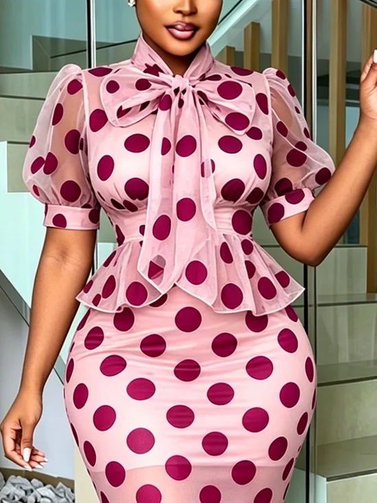 Elegant Polka Dots Printing Tie Neck Puff Sleeve Blouse