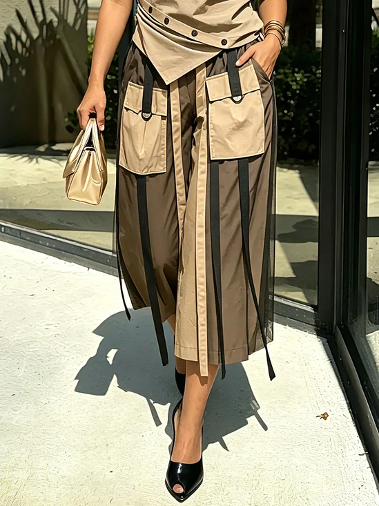 Casual Color Block Mesh Split Joint Wide Leg Pants