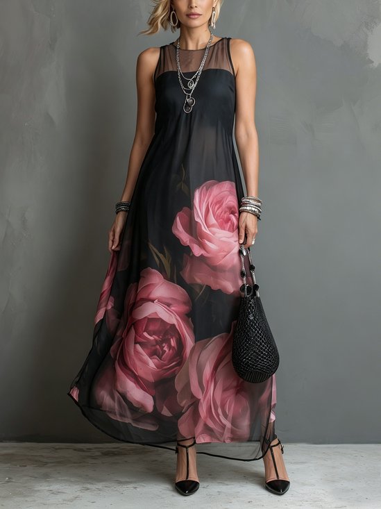 Elegant Floral Printing Crew Neck Maxi Dress