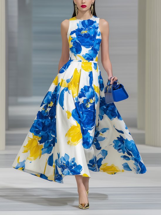 Elegant Floral Printing Crew Neck Maxi Dress