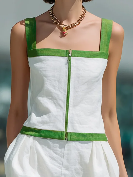 Cotton And Linen Casual Color Block Split Joint Spaghetti Tank Top