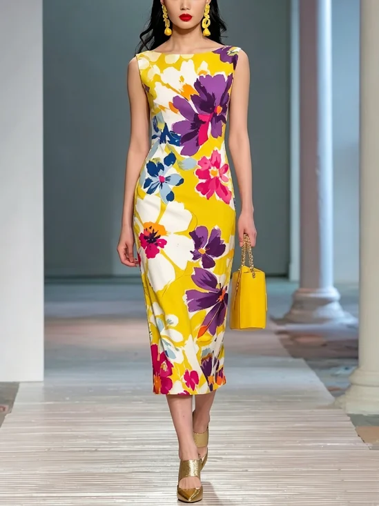 Elegant Floral Printing Boat Neck Midi Dress