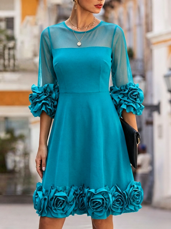 Elegant Plain 3D Floral Crew Neck Knee Length Dress