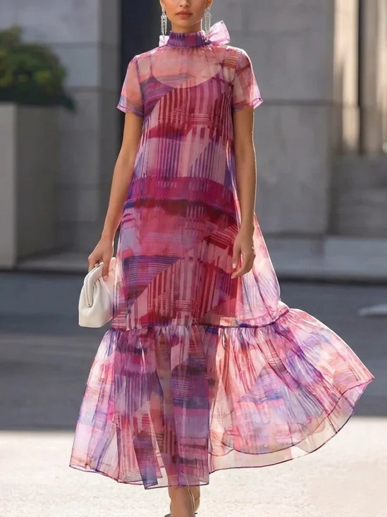 Elegant Abstract Printing Tie Neck Maxi Dress With an Underlayer