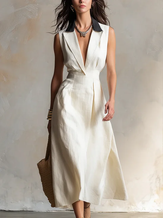 Cotton And Linen Urban Color Block Distressing Lapel Collar Midi Dress
