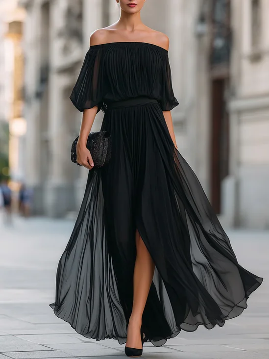 Elegant Plain Balloon Sleeve Off The Shoulder Maxi Dress