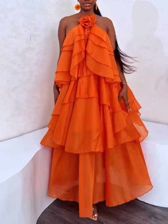 Elegant Plain 3D Floral Tie Neck Maxi Dress