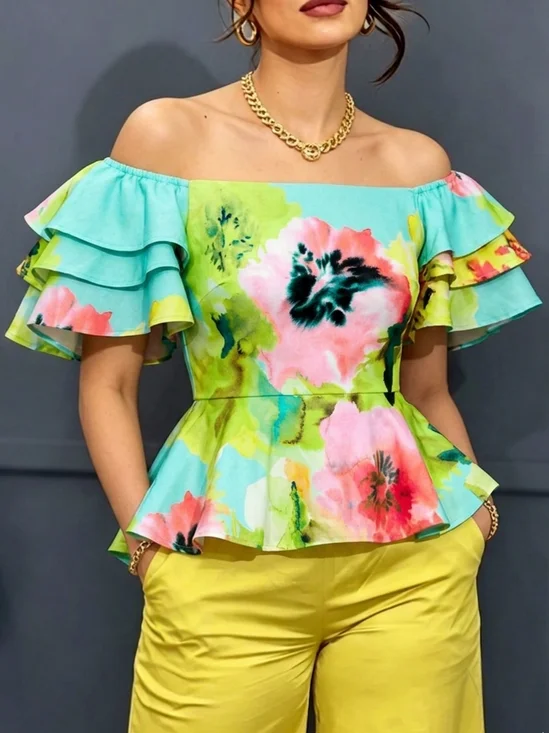 Elegant Floral Folds Cold Shoulder Ruffle Sleeve Blouse