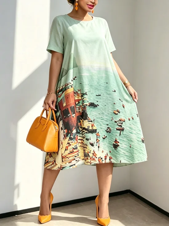 Casual Random Print Printing Midi Dress
