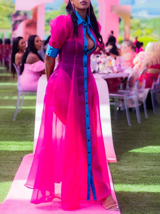 Elegant Color Block Puff Sleeve Split Joint Shirt Collar Maxi Dress