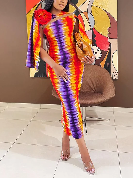 Elegant Random Print Printing Crew Neck Midi Dress