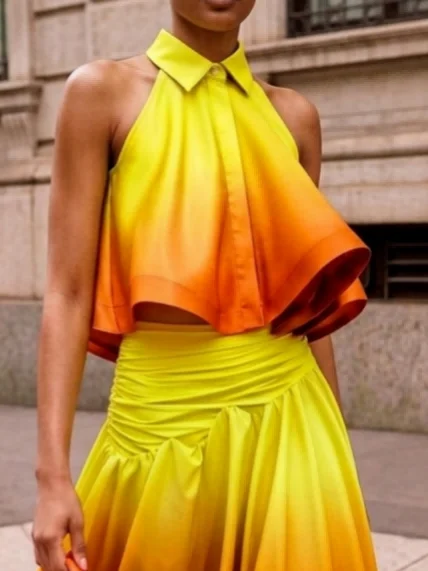 Elegant Gradient Pattern Printing Halter Neck Tank Top